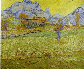 Vincent Van Gogh : Fields with Pollard Tree and Mountainous Background